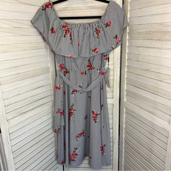 Calvin Klein Floral Embroidered Candy Stripe Black and White Midi Sundress New - Picture 1 of 13